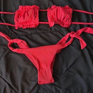 Red Ribbed Bikini Set